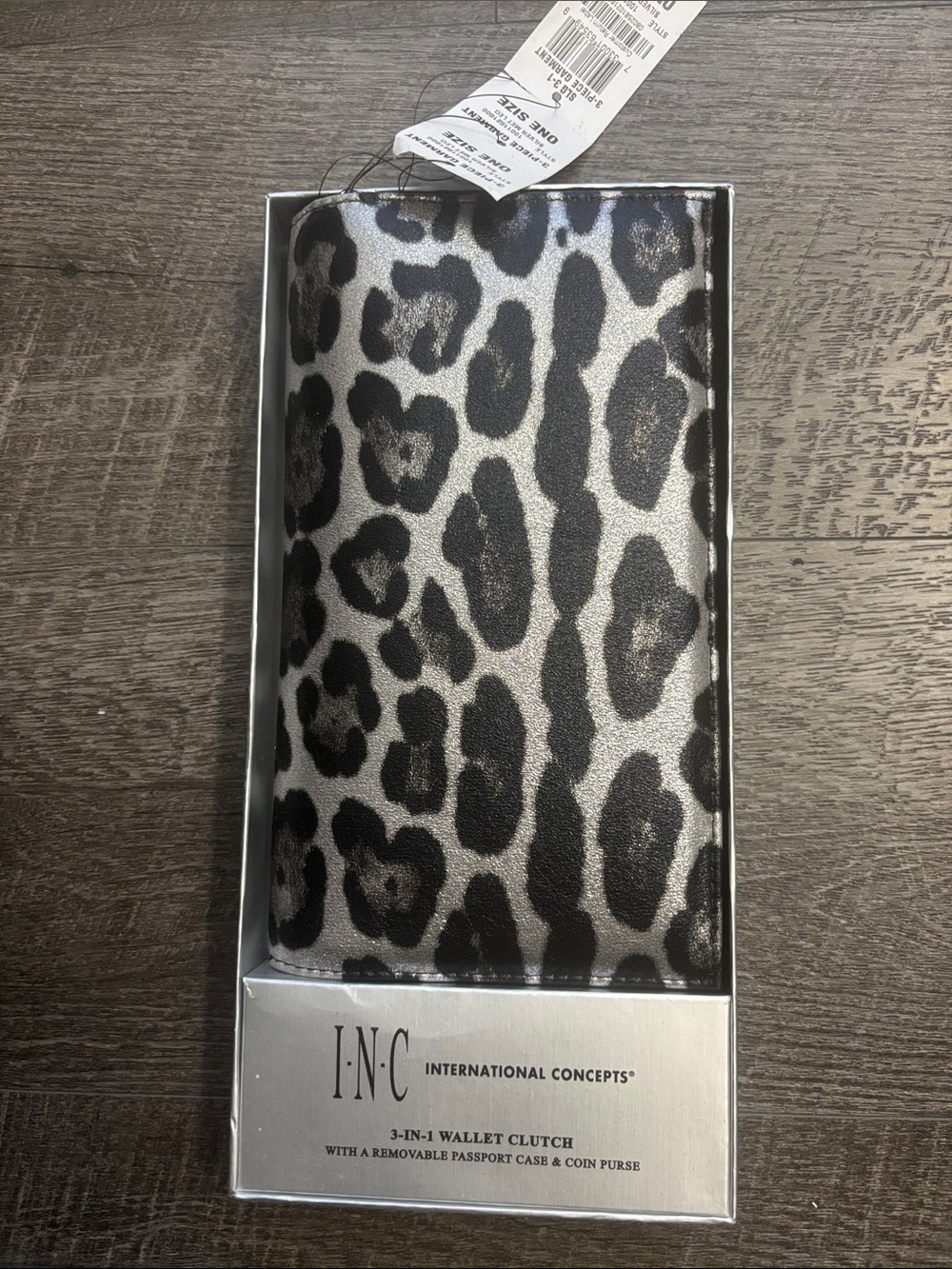 INC International Concepts Silver and Black Leopard Print Wallet Clutch